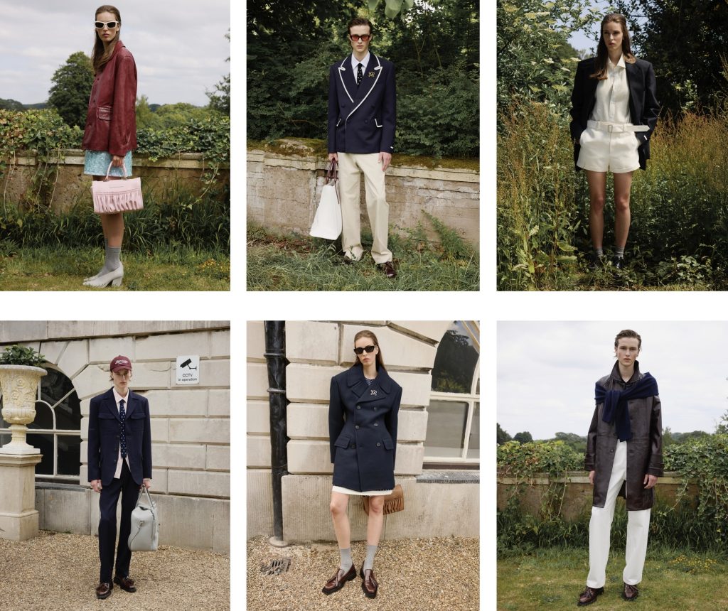 Models wearing Daniel Fletcher’s Mithridate Pre-Spring 2026 collection, showcasing a mix of tailored blazers, structured coats, pastel accents, and playful accessories against lush garden and estate backdrops, embodying a British summer aesthetic with global sophistication